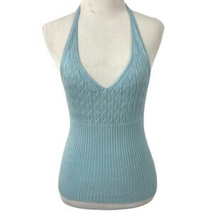 Forever 21 Pointelle Knit Y2K Halter Top Sleeveless Women Preppy Baby Blue Small